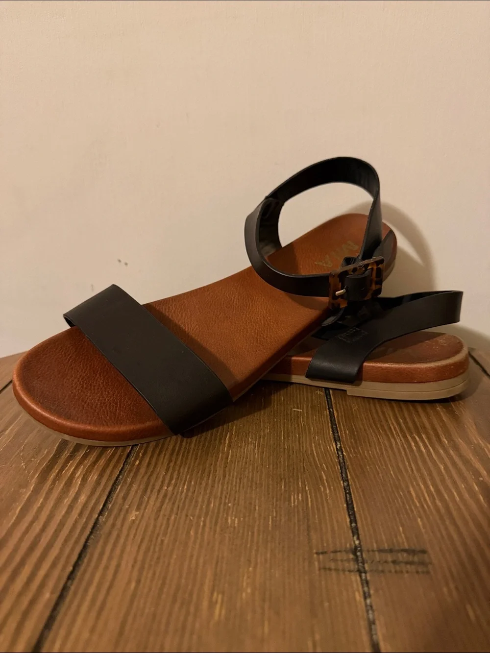 MIA Black Strap Brown Footbed Ankle Buckle Sandals